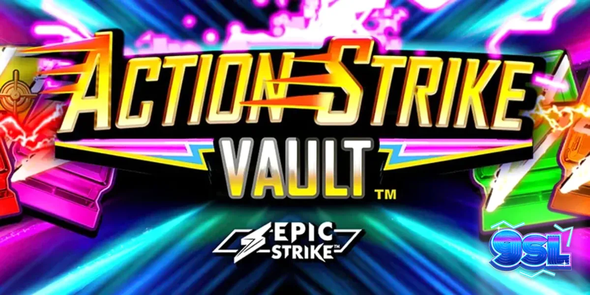 Tampilan visual slot Action Strike Vault dengan tema futuristik dan neon kasino