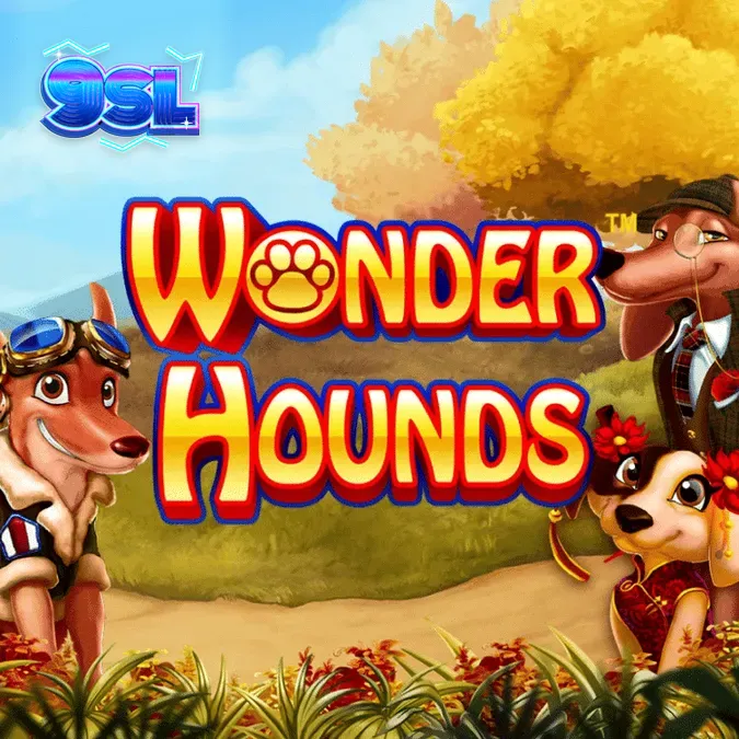 Tampilan antarmuka seluler permainan slot Wonder Hounds yang menampilkan simbol anjing dan gulungan yang cerah.